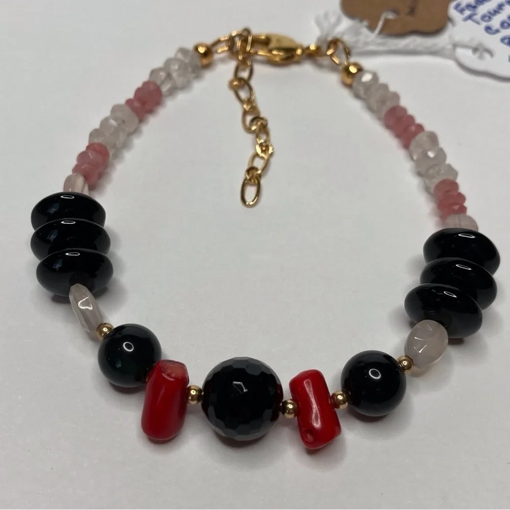 Red Coral, Rhodochrosite & Black Tourmaline Artisan Bracelet